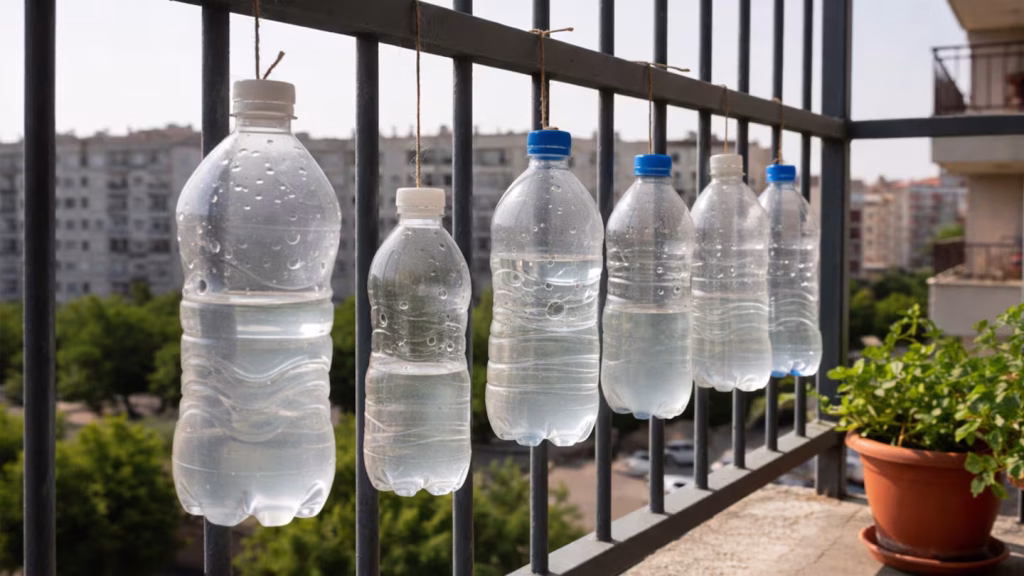 Wasser- und Essigflaschen auf dem Balkon aufhängen: Warum ist das empfehlenswert und wozu dient es?