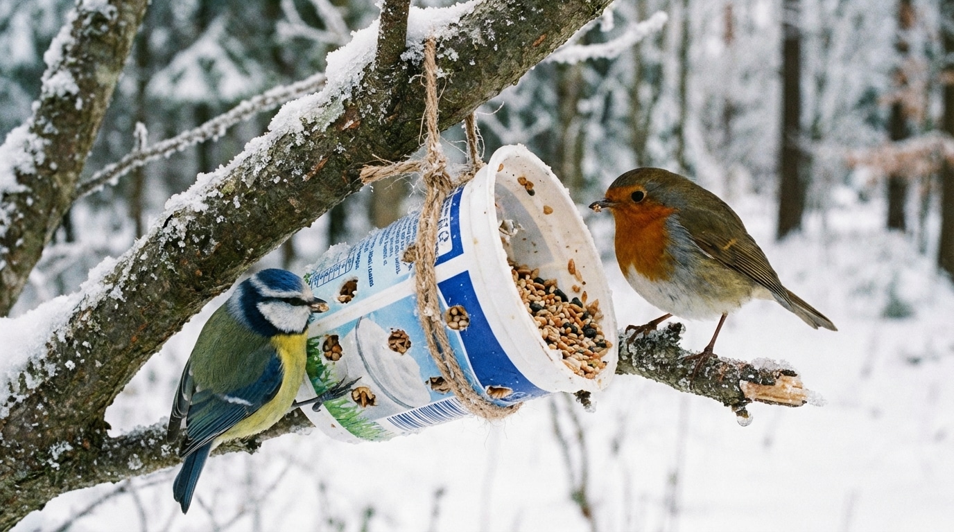 Benutzt du immer noch einen Futterautomaten? Dieser durchstochene Joghurtbecher ist viel cleverer, und zwar aus folgendem Grund
