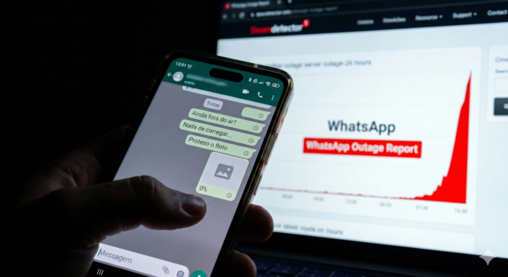 Tela de celular mostrando mensagens não enviadas com o WhatsApp fora do ar hoje.