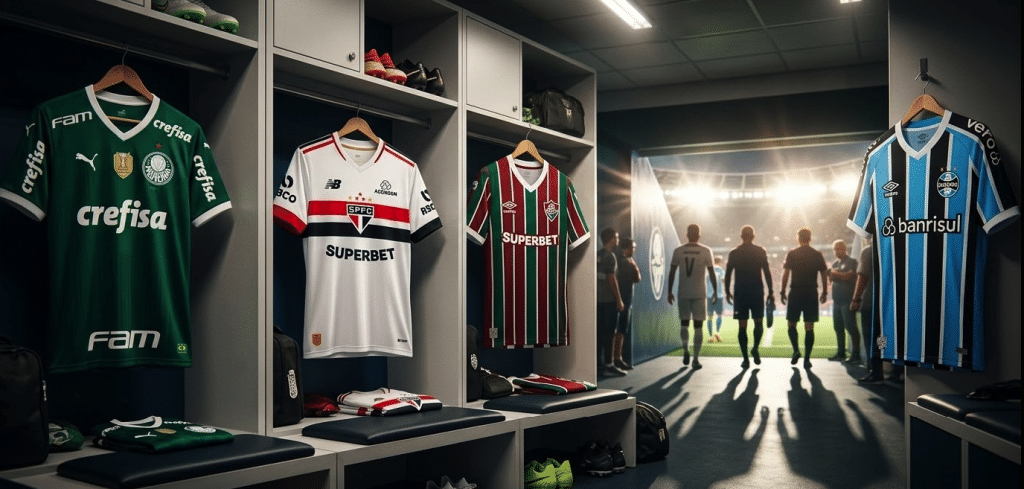 Camisas de Palmeiras, São Paulo, Fluminense e Grêmio penduradas no vestiário para os jogos do Brasileirão hoje.