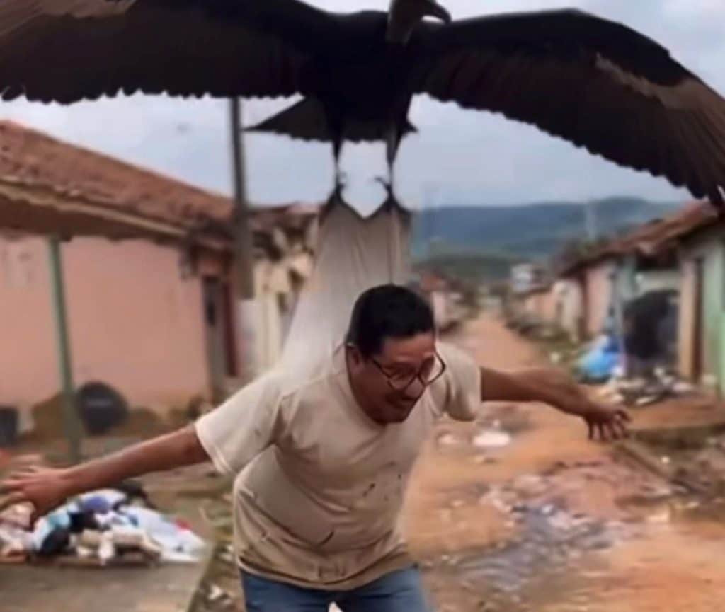 Vídeo inusitado: vereador é "levado" por urubu em protesto contra buracos